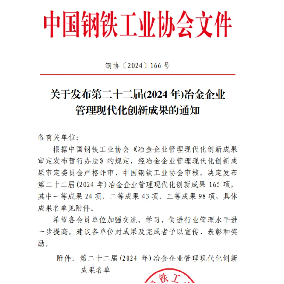 喜訊！龍鋼公司榮獲中鋼協(xié)冶金企業(yè)管理創(chuàng)新成果獎